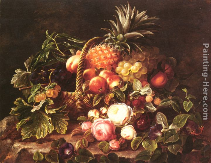 A Still Life Of A Basket Of Fruit And Roses painting - Johan Laurentz Jensen A Still Life Of A Basket Of Fruit And Roses art painting